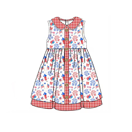 preorder GSD1088 Balloon Fireworks Flag Red and White Plaid Doll Collar Lace Sleeveless Dress