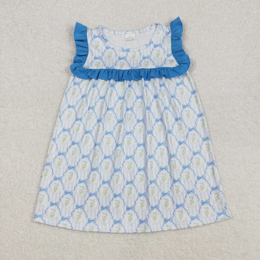 GSD1893 Baby Girls Blue Bows Flowers Knee Length Dresses