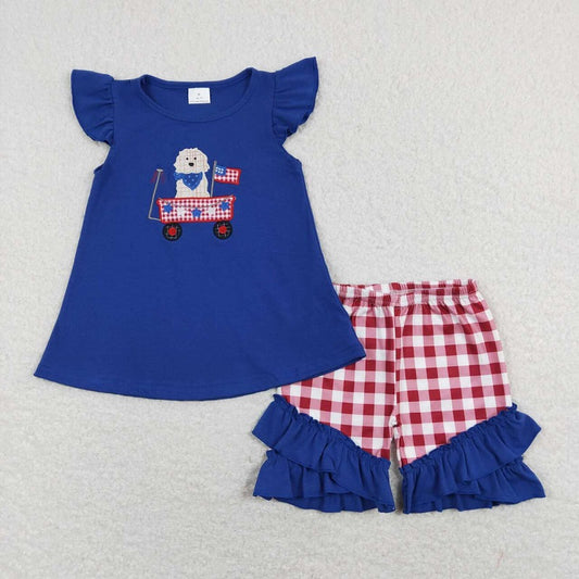 GSSO0460 Embroidery stars and flags puppy stroller blue flying sleeves lace red and white plaid shorts suit