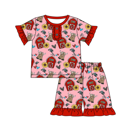 preorder GSSO0932 Love Red House Cow Red Lace Pink Short Sleeve Shorts Pajama Set