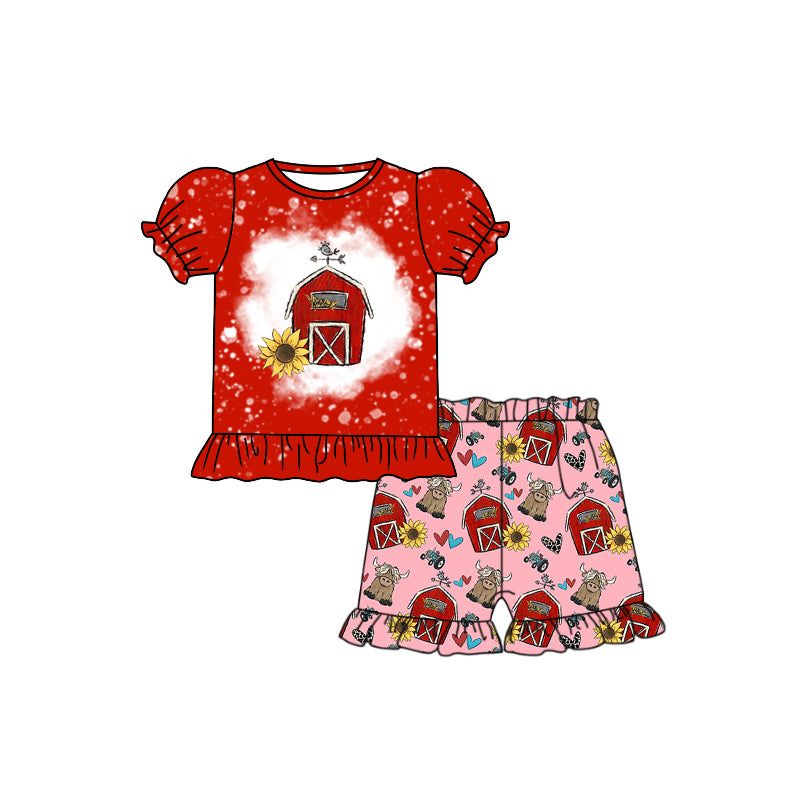 preorder GSSO0940 Love Red House Cow Red Lace Short Sleeve Pink Shorts Suit