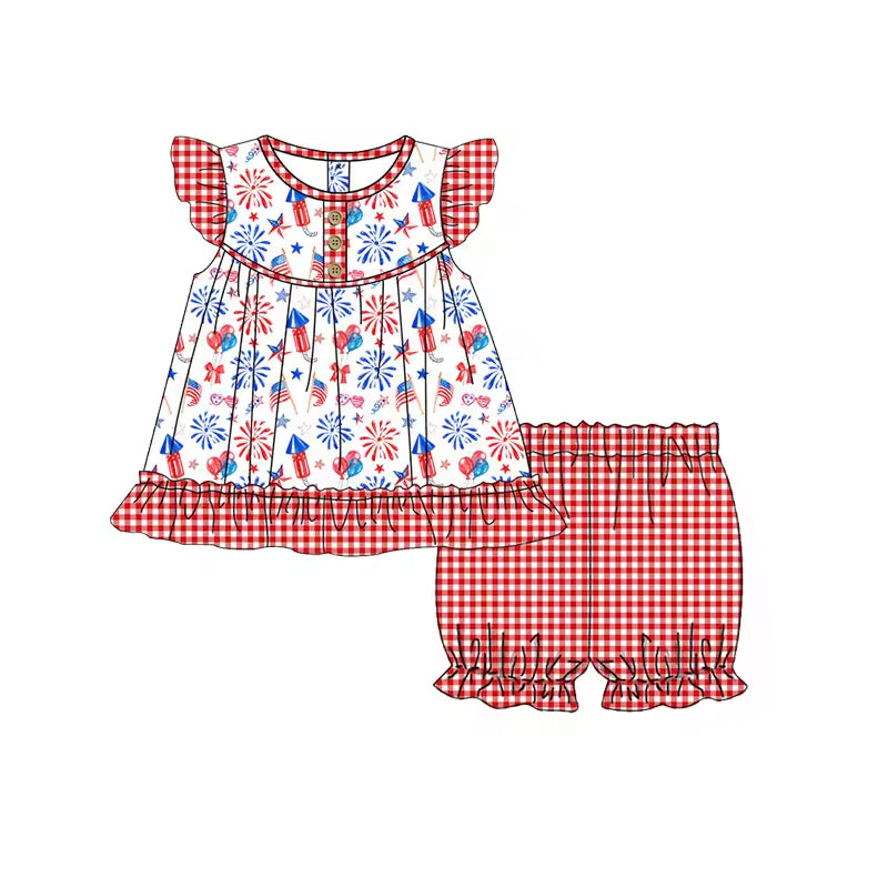 pre-order  GSSO1024 Balloon Fireworks Flag Red and White Plaid Lace Sleeveless Shorts Suit