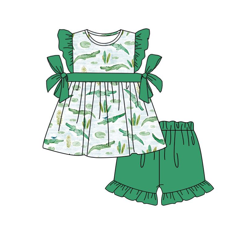 presale GSSO1117 Crocodile ruffle green lace flying sleeve shorts suit