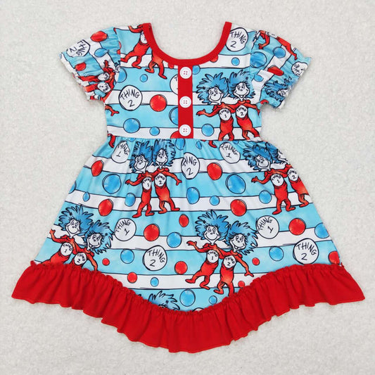 GSD0557 Blue and white striped red lace short-sleeved dress