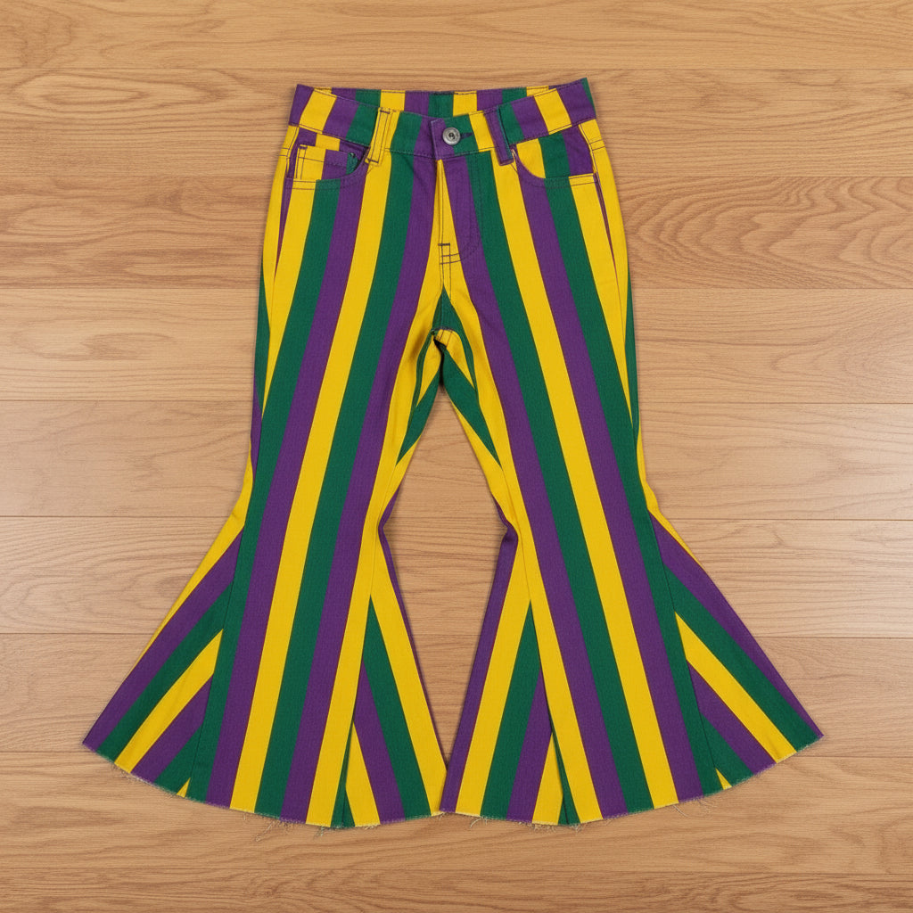 mardi gras pants, green purple yellow stripe denim pants, girls jeans,flare bottom