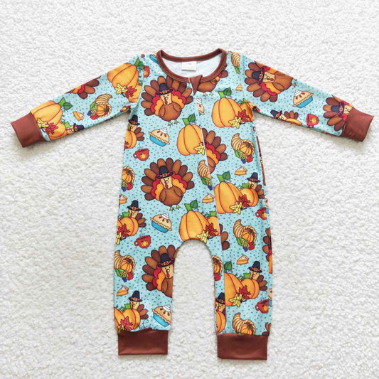 LR0581 Pumpkin Turkey Blue Brown Zip Long Sleeve Jumpsuit