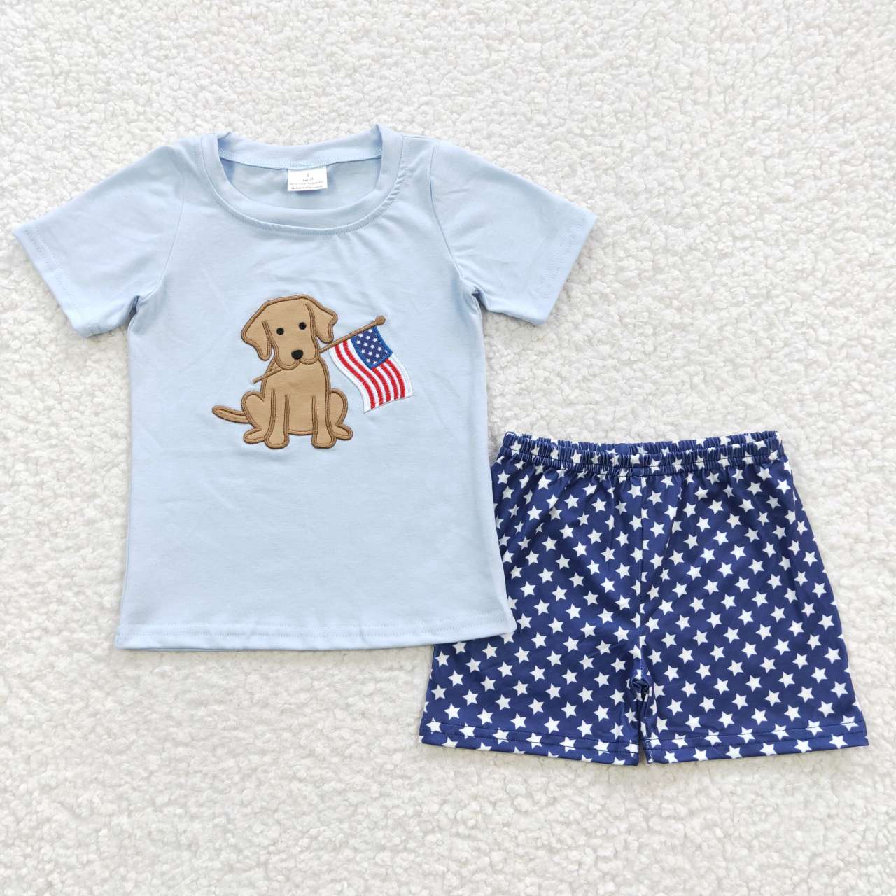 BSSO0227 Boys Embroidered National Day Puppy Blue Short Sleeve Shorts Set 3.10