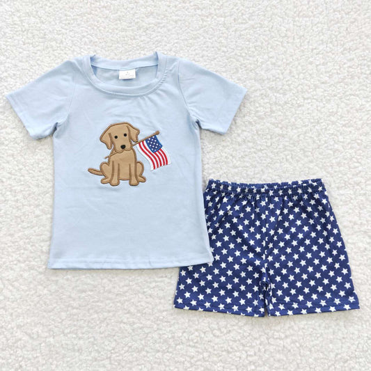 BSSO0227 Boys Embroidered National Day Puppy Blue Short Sleeve Shorts Set 3.10