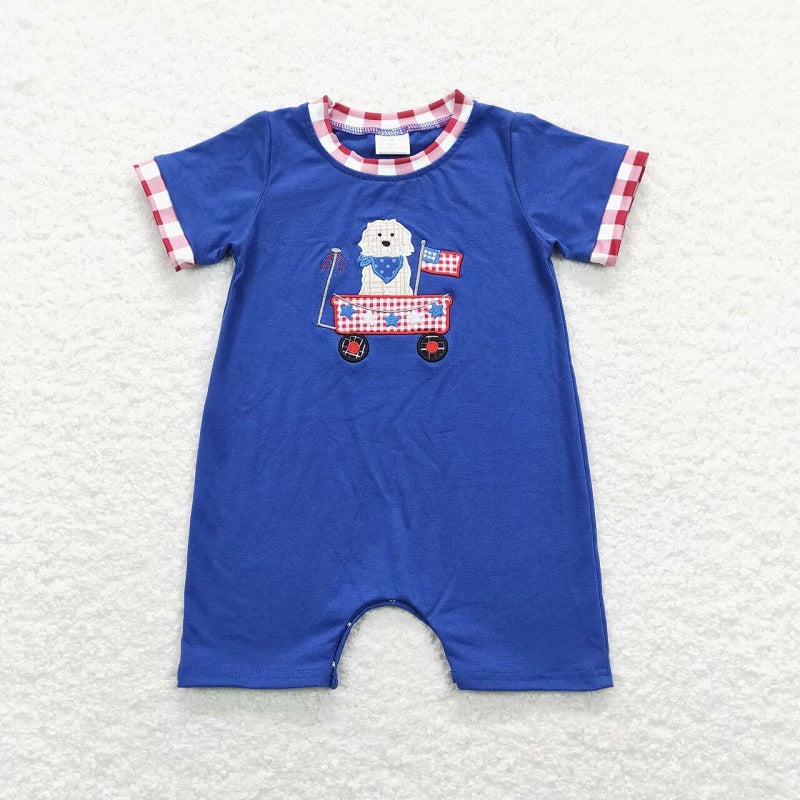 SR0749 Embroidery Stars and Flags Puppy Stroller Red and White Plaid Trim Blue Vest Onesie