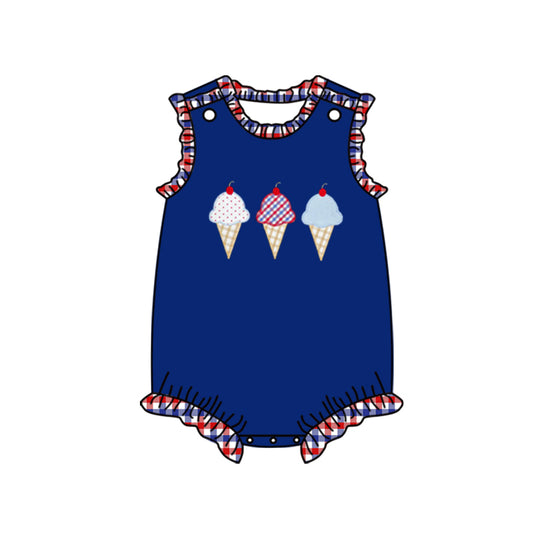 preorder SR1472 National Day Ice Cream Plaid Lace Navy Blue Vest Jumpsuit