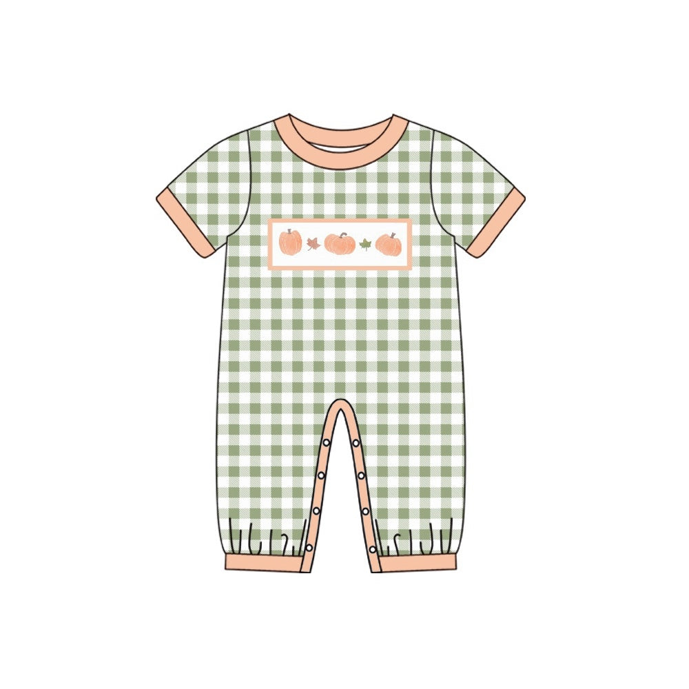 presale SR1918 Pumpkin Leaf Green Plaid Short Sleeve Bodysuit