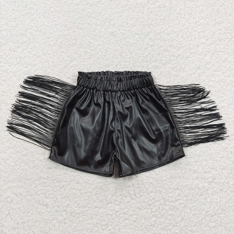 leopard print top +black leather shorts  BT0219+SS0094