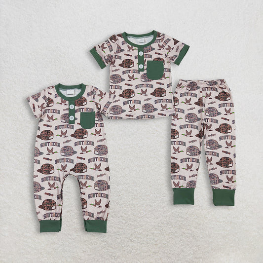 Sibling Baby Boys Camouflage Hat with Ducks Pocket Southern Style Outfit Set Top Pants And Footie Rompers with Button Detail