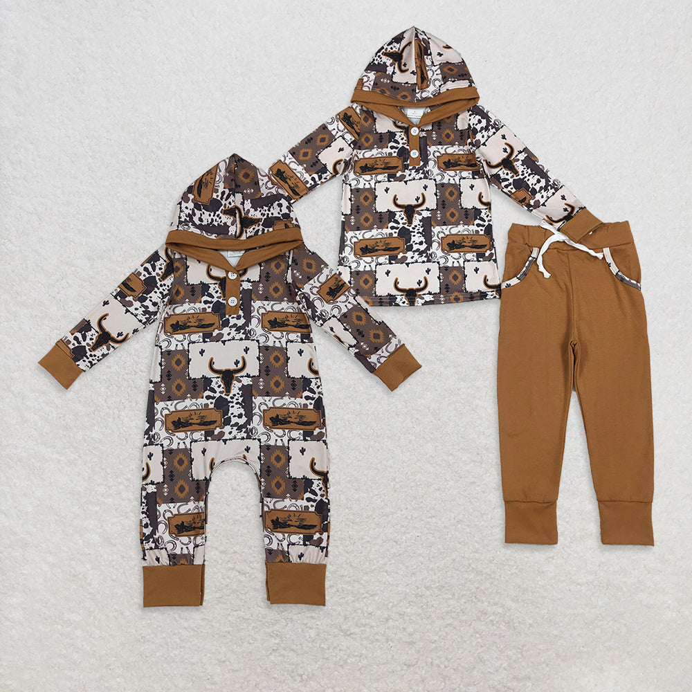 Sibling Baby Boys Aztec Bull Skull Western Clothes Sets Hoodies Footie Rompers  D 1022
