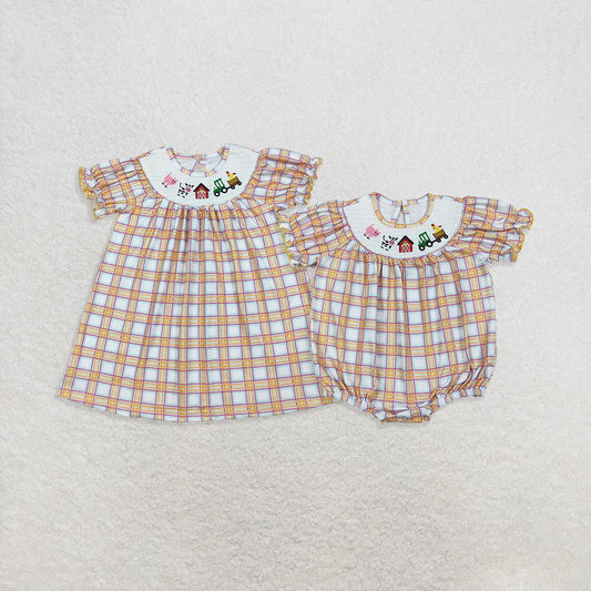 Sibling Baby Girls Fall Plaid Cows Farm Smocked Rompers Dresses D 7.11