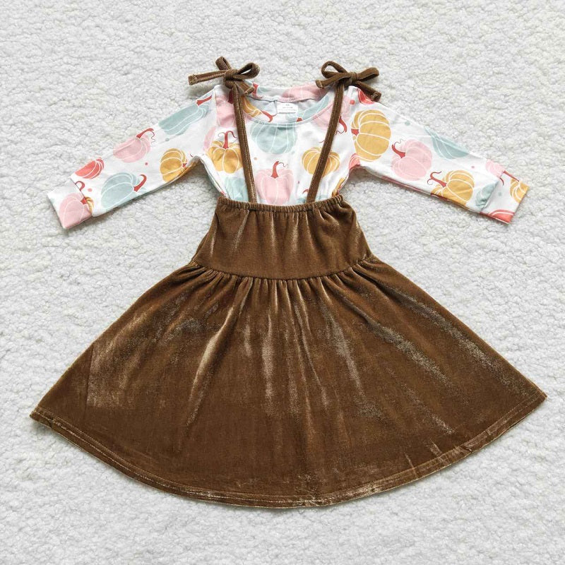 Brown Gold Velvet Slip Dress +pumpkin top GSD0448+GT0235