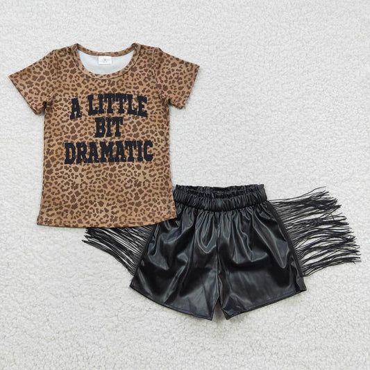 leopard print top +black leather shorts  BT0219+SS0094