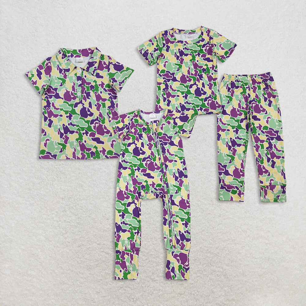 Sibling Baby Boys Mardigras Camo Pant Pajamas Sets Two Way Zip Convertible Rompers Polo Shirts Top  D 1024