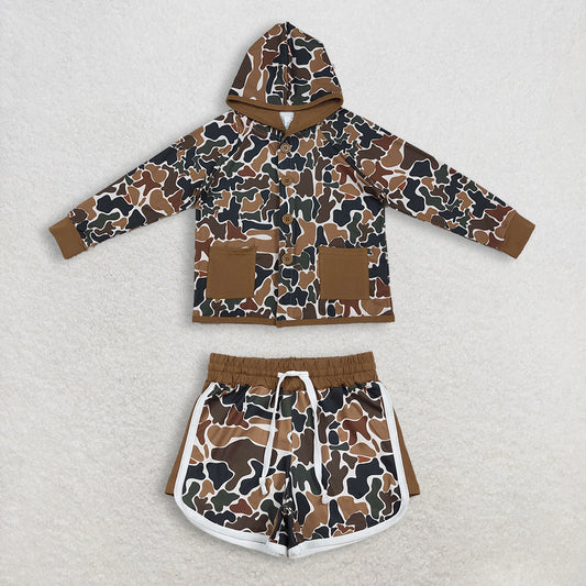 Baby Southern Dark Brown Camo Hoodie with Button Pockets Camouflage Shorts Bottom Set Baby Clothing