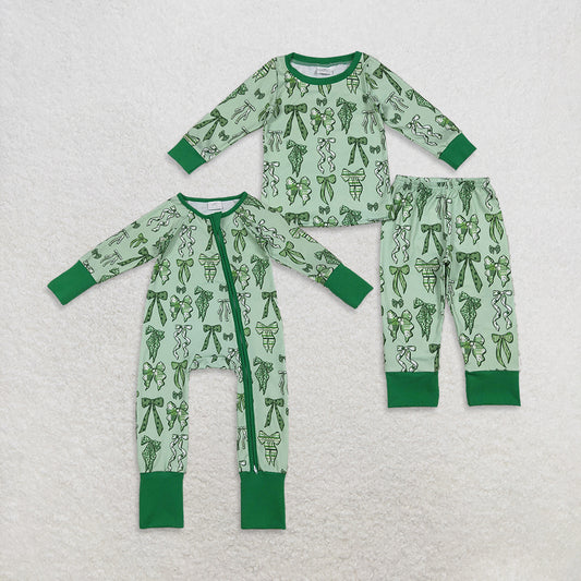 Sibling Baby Girls Green Clovers Bows Top Pants St Patrick Pajamas Sets Zipper Rompers D 929