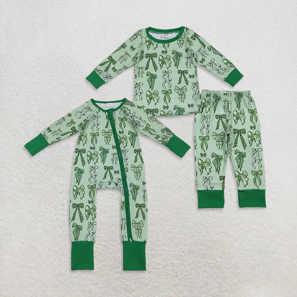 Sibling Baby Girls Green Clovers Bows Top Pants St Patrick Pajamas Sets Zipper Rompers D 929