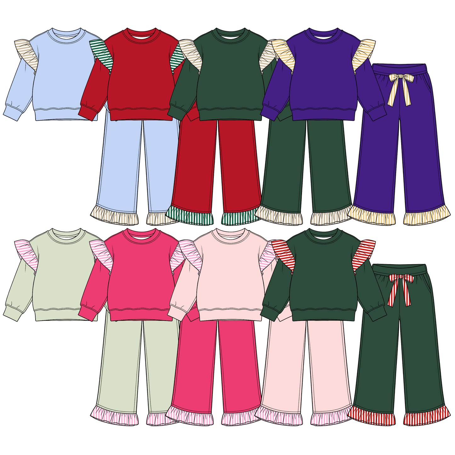 Pre order long sleeve colorful ruffle pants set