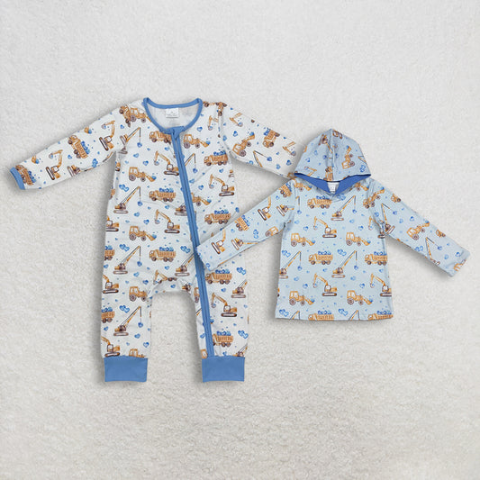 Sibling Valentine's Day Themed Baby Boys Blue Hoodie Top with Hearts Excavators Print Zipper Convertible Rompers for Infants