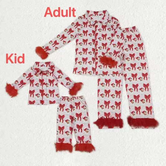 Mama and Me Red Bows Santa Button Top Pants Christmas Fur Pajamas Sets D 920