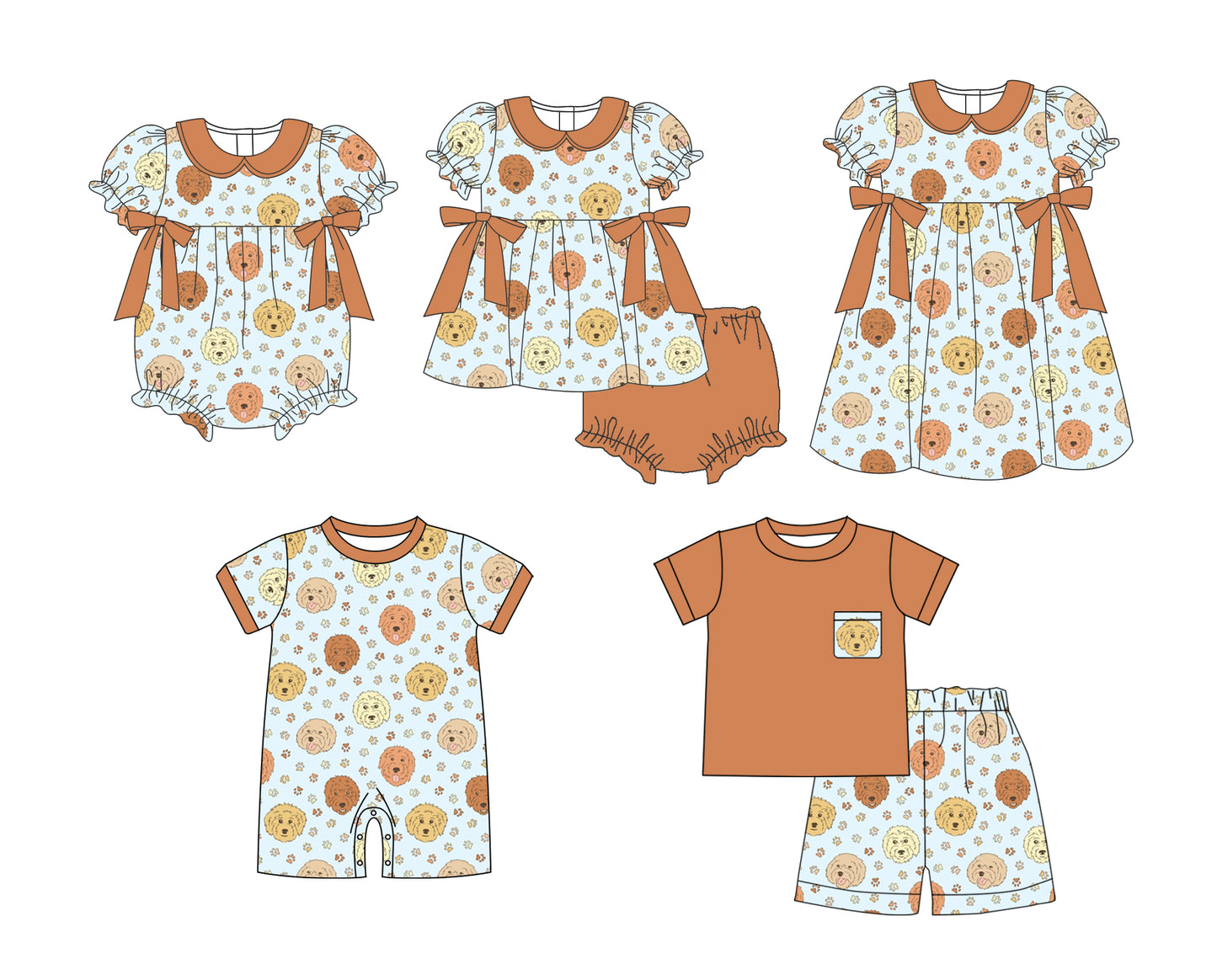 preorder GBO0335 Puppy Paw Print Brown Doll Collar Bow Short Sleeve Briefs Set