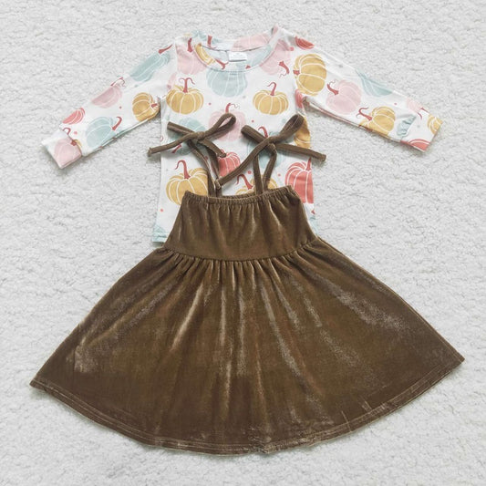 Brown Gold Velvet Slip Dress +pumpkin top GSD0448+GT0235