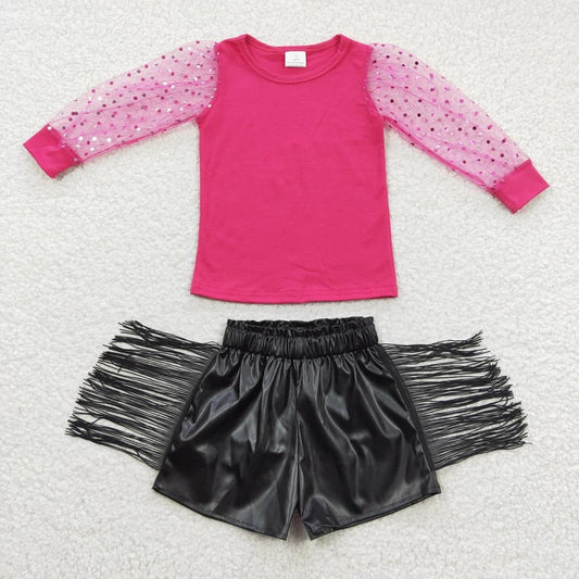 pink top +black leather summer shorts  GT0176+SS0094