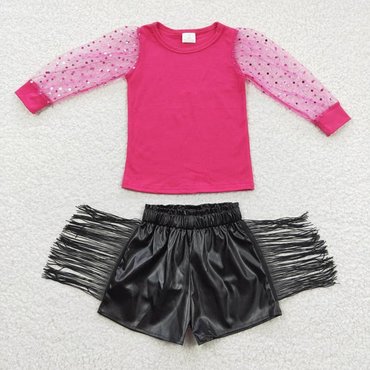 pink top +black leather summer shorts GT0176+SS0094