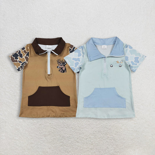 Sibling Baby Boys Short Sleeve Southern Camo Pullover Top with Zipper Pockets Deer Dogs Hunting Theme Outfit