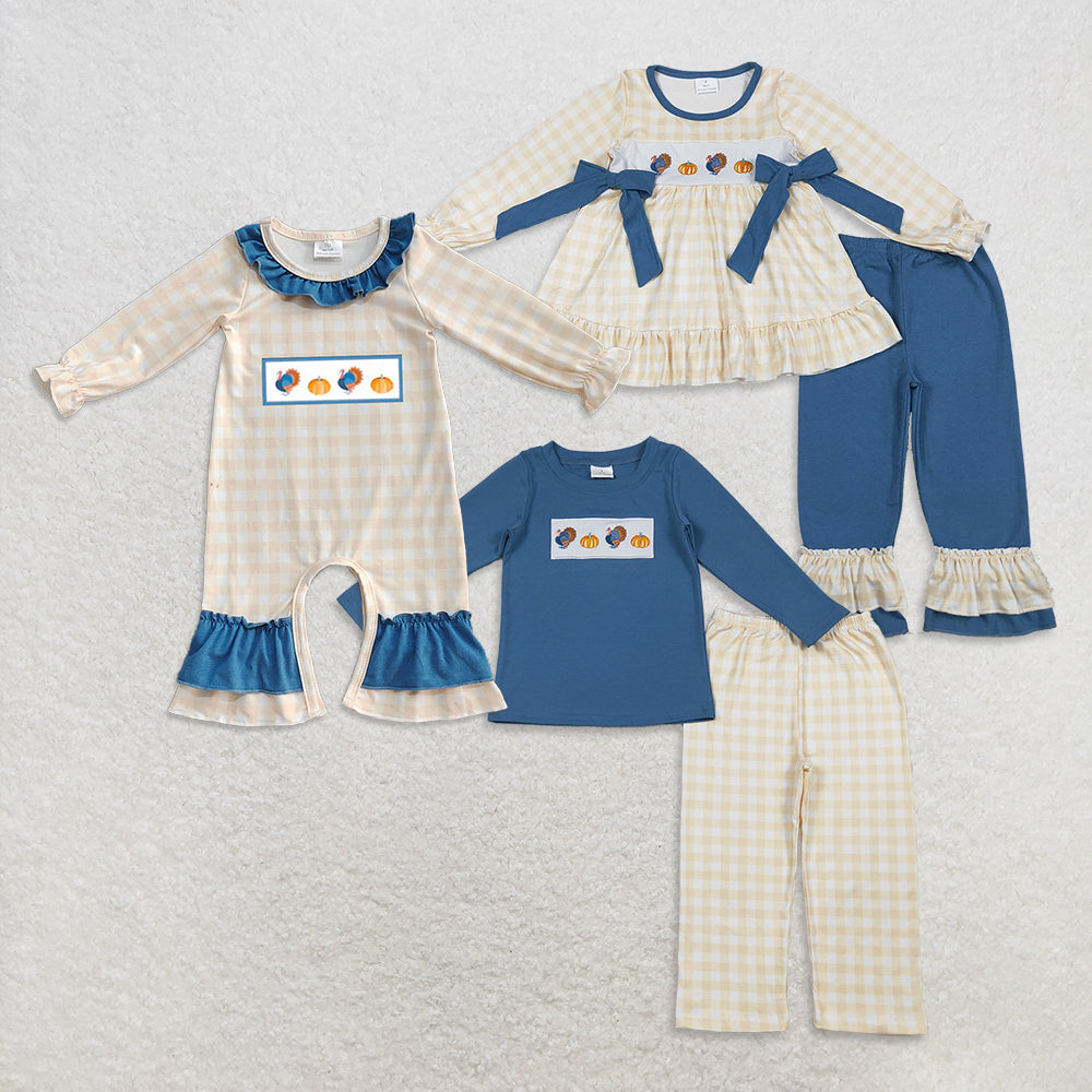 Sibling Embroidery Turkey Pumpkins Baby Boys Girls Thanksgiving Clothes Sets Ruffle Footie Rompers D 1020