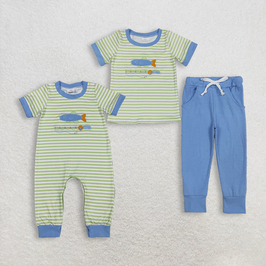 Sibling Baby Boys Embroidery Fishing Stripe Top with Pockets Hunter Pants Set Footie Romper for Special Occasions