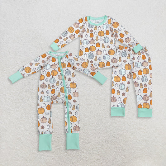 Sibling Baby Boys Colorful Pumpkins Fall Zipper Footie Rompers Pajamas Sets D 903