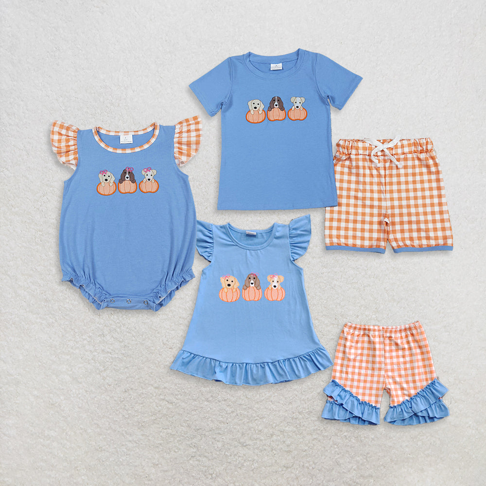 Sibling Embroidery Dogs Pumpkins Baby Boys Girls Top Shorts Fall Clothes Sets  D 909