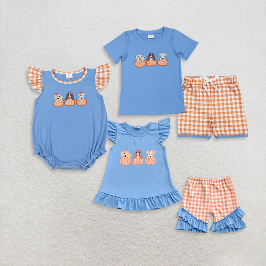 Sibling Embroidery Dogs Pumpkins Baby Boys Girls Top Shorts Fall Clothes Sets  D 909