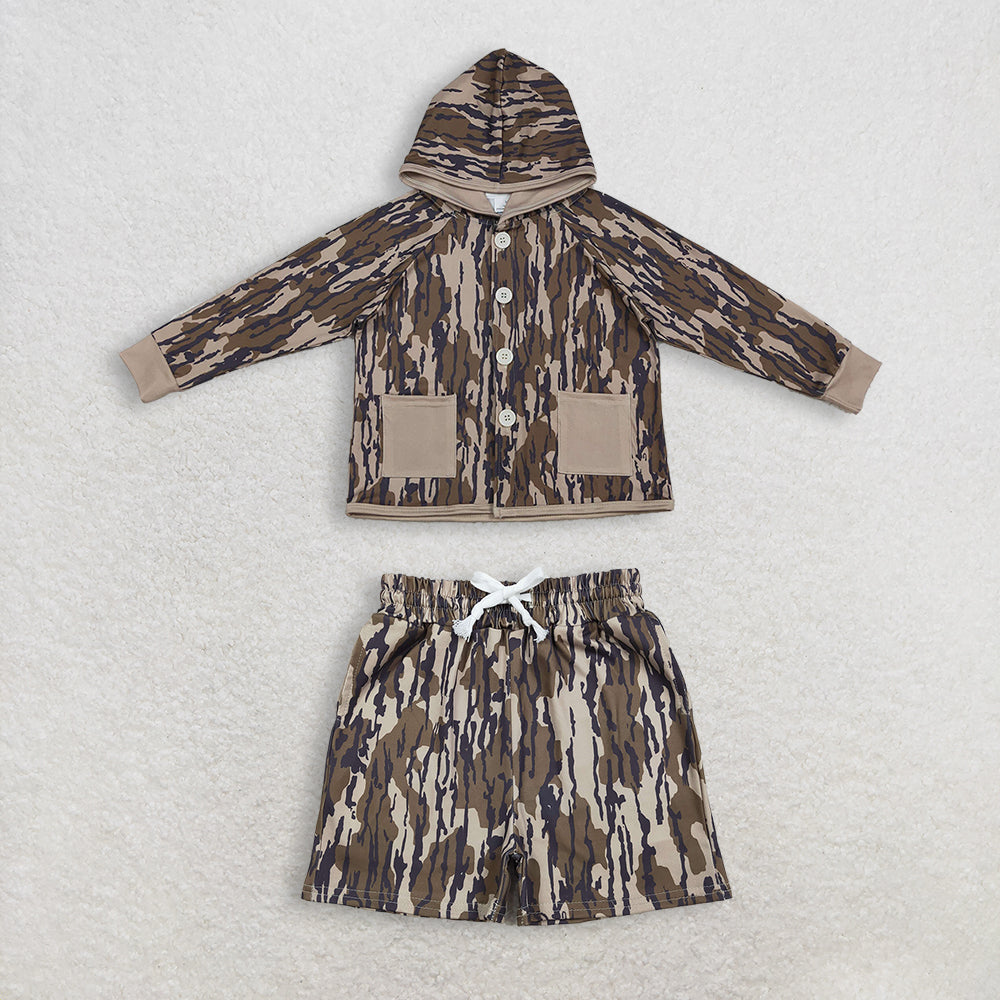 Baby Boys Southern Olive Camo Hoodie Jacket with Button Pockets Matching Shorts Set Baby Outfit
