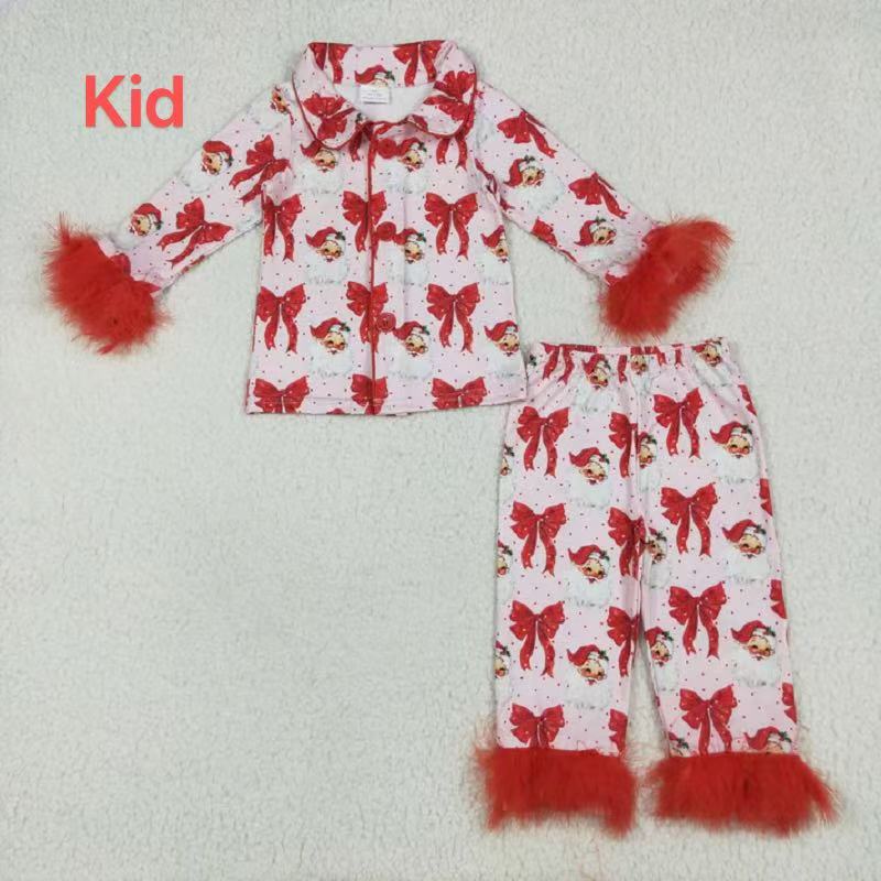 Mama and Me Red Bows Santa Button Top Pants Christmas Fur Pajamas Sets D 920