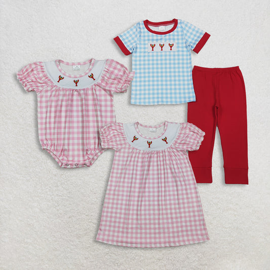 Sibling Baby Boys Girls Embroidery Anchor Crayfishes Mardigras Checked Clothes Set Dress Romper D 1111