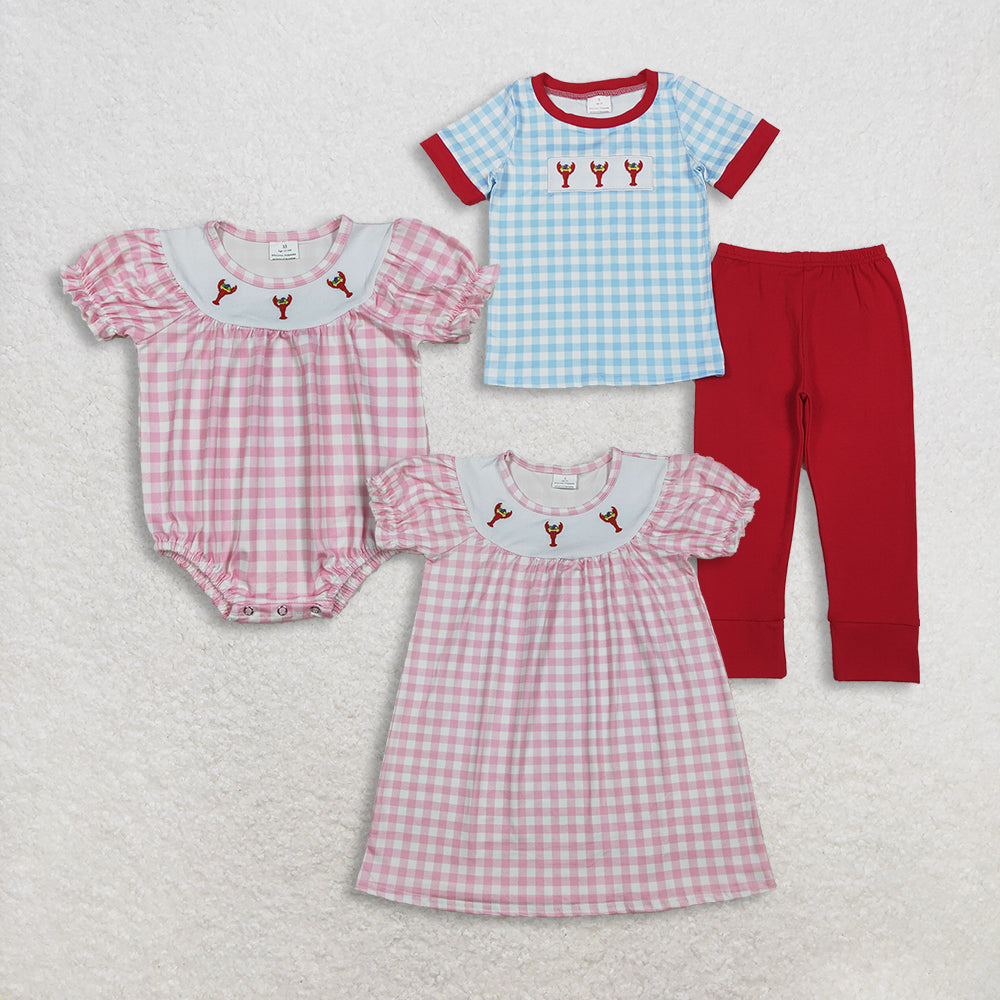Sibling Baby Boys Girls Embroidery Anchor Crayfishes Mardigras Checked Clothes Set Dress Romper D 1111