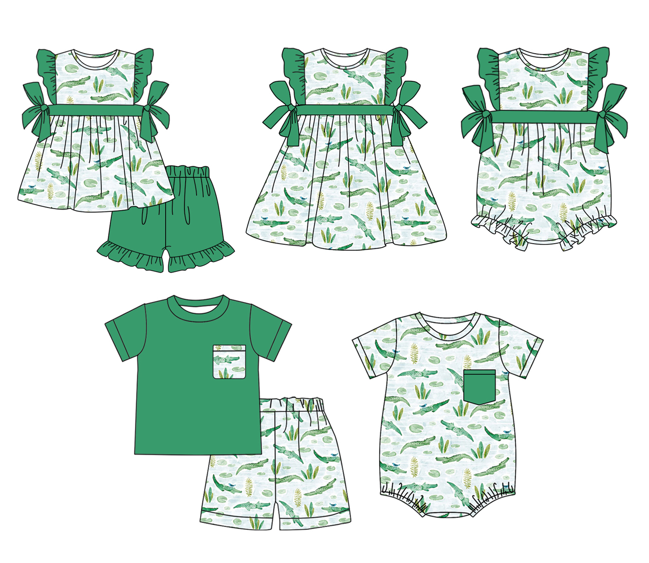 presale SSO0855 Crocodile Ruffle Pocket Green Short Sleeve Shorts Set