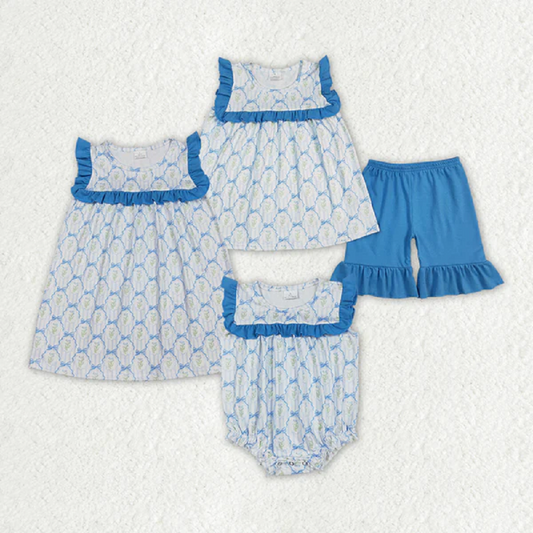 Match Baby Girls Blue Bows Flowers Rompers Dresses Clothes Sets
