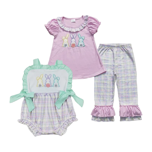 Match Baby Girls Embroidery Easter Bunny Rabbits Rompers Outfits Suits