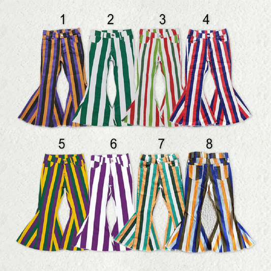 Sibling Baby Girls Colorful Stripes Bell Bottom Denim Jeans Pants D 927