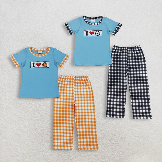 Sibling Baby Boys Embroidered 'I Love Balls' Top And Checked Pants Team Clothes Set Cute Sporty Outfit for Little Ones