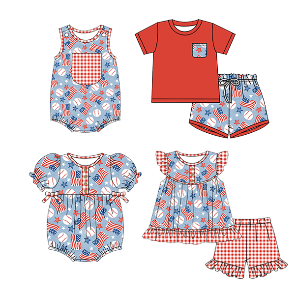 preorder SR1564 Flag stars baseball red and white plaid bow short-sleeved jumpsuit