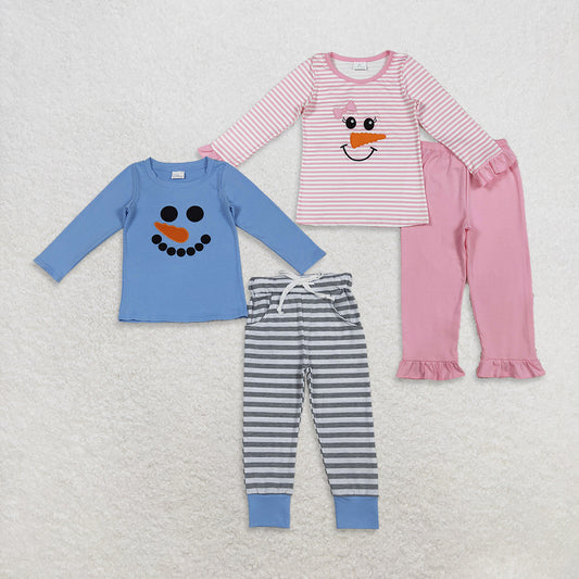 Sibling Baby Boys Girls Embroidery Snowmen Stripe Top Pants Christmas Clothes Sets D 927