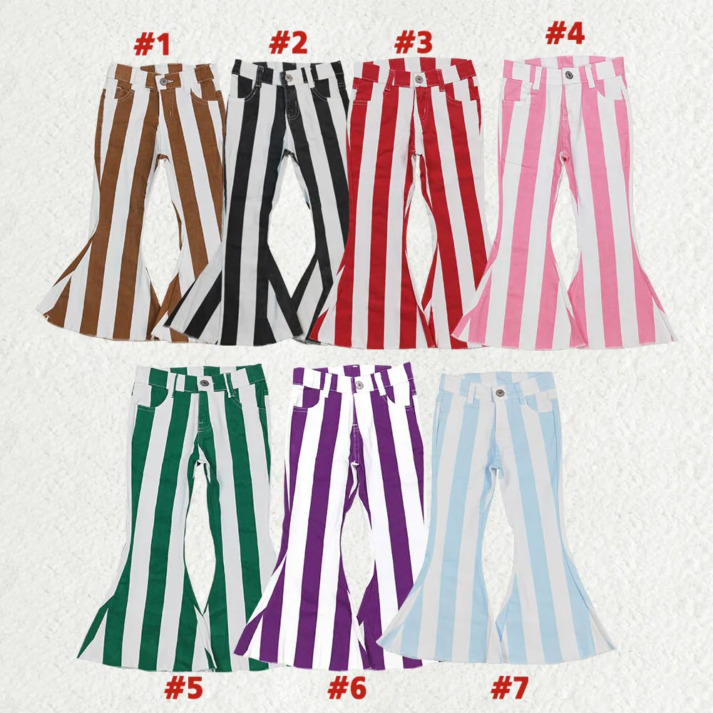 Match 7 Colors Stripes Denim Bell Bottom Jeans Girls Pants Sisters Wear D 6.17